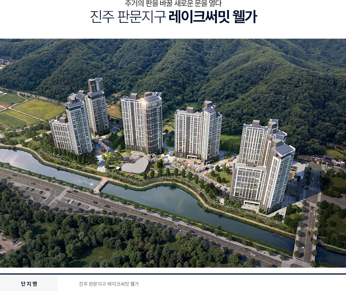진주 판문지구 레이크써밋 웰가 단지 조감도 — 판문천을 낀 690세대 단지